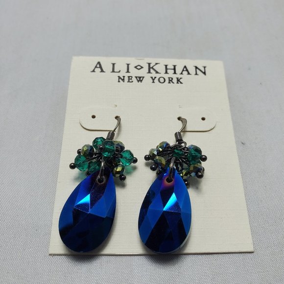 Ali Khan blue cluster stone silver fish hook dangle earring - Picture 1 of 4